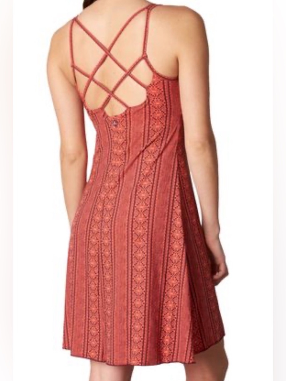 Prana Rebecca Dress Size L Strappy Back Performance coral raisin tribal